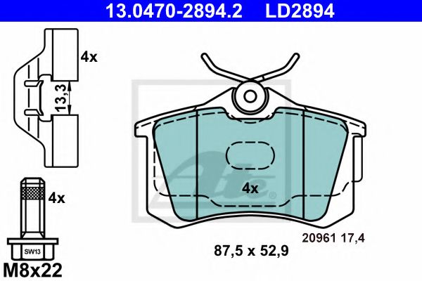 13047028942 ATE колодки зад ceramic ad a4a6a3 vw b5