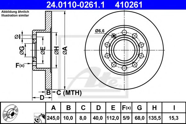 24011002611 ATE Диск тормозной AUDI A4/A6/FABIA/OCTAVIA/GOLF 4/GOLF 5/PASSAT/MULTIVAN/TRANSPORTER 00- задн. D=245