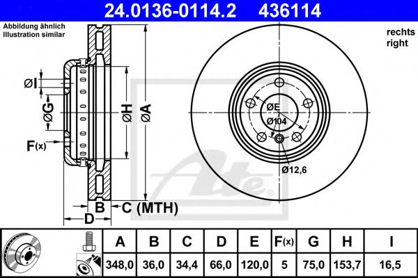 24013601142 ATE диск торм bmw f01f02f03f04f07f10f11f12 3.0-4.02.0d-4.0d 08- пер вент r 348x36