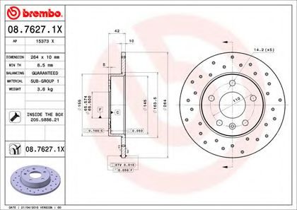 0876271X BREMBO  перфорированный xtra opel astra 1.4-2.0tdi2.2tdi 98>