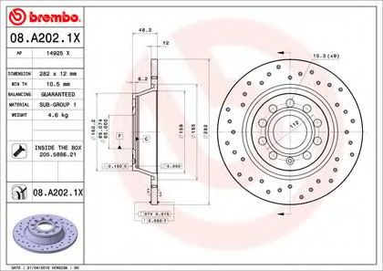 08A2021X BREMBO  перфорированный xtra vw passat 1.62.0fsitdi05>