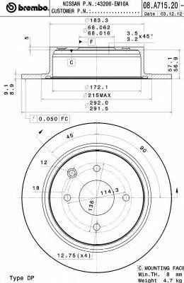 08A71520 BREMBO Диск тормозной зад NISSAN Tiida I/II