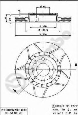 09514876 BREMBO Диск торм.пер.вент.Opel Vectra