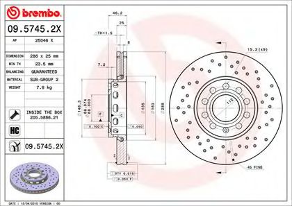 0957452X BREMBO  перфор. xtra scoda suberb <08, vw passat 1.6-2.8i1.9tdi <05