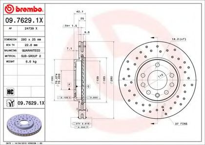 0976291X BREMBO Перфорированный xtra opel astra 1.4-2.0tdi2.2tdi 98