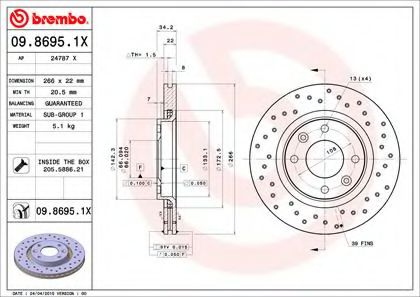 0986951X BREMBO  перфор. xtra citroen c3xsara,peugeot 206 1.1-2.0hdi 96>