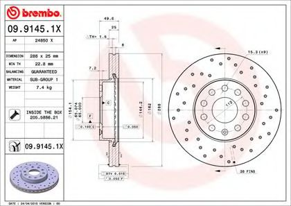 0991451X BREMBO  перфор. xtra audi a3, skoda octavia, vw golf 1.6-2.0tdi 03>