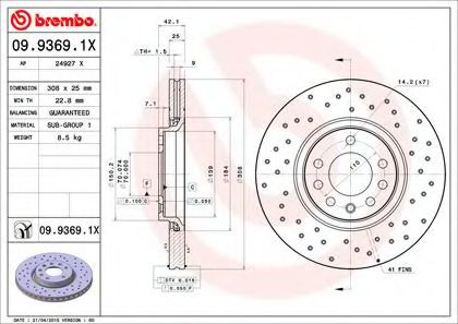 0993691X BREMBO  перфорированный xtra opel astra, saab 9-5 2.01.9cdti 99>