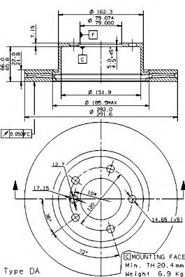 09975211 BREMBO торм.диск пер.вент.[292х22] 5 отв.[min 2]