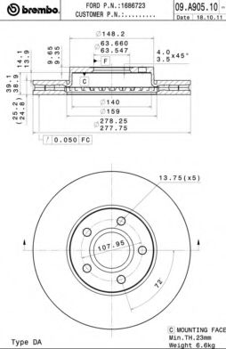 09A90510 BREMBO Диск тормозной передний