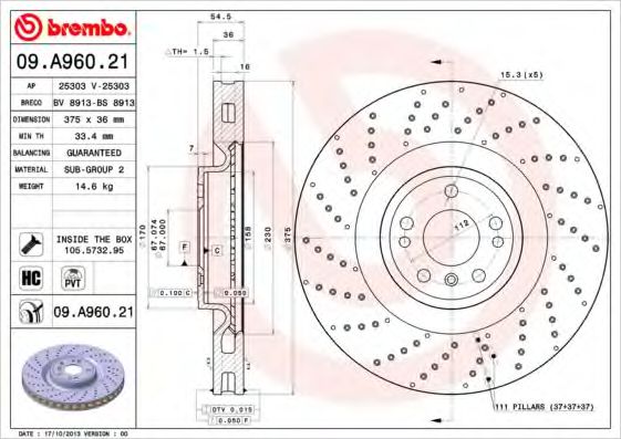 09A96021 BREMBO Диск тормозной передний mercedes w166, x166 4-matic (375мм)