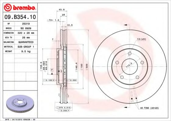 09B35410 BREMBO Диск торм. NISSAN QASHQAI (JJ10) 07-/RENAULT KOLEOS 08- перед. вент.(D=320) 