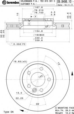 09B49810 BREMBO Диск тормозной 09.b498.10