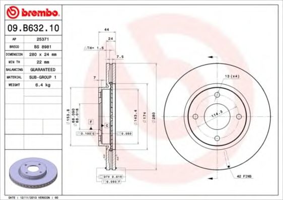 09B63210 BREMBO диск тормозной 09.b632.10