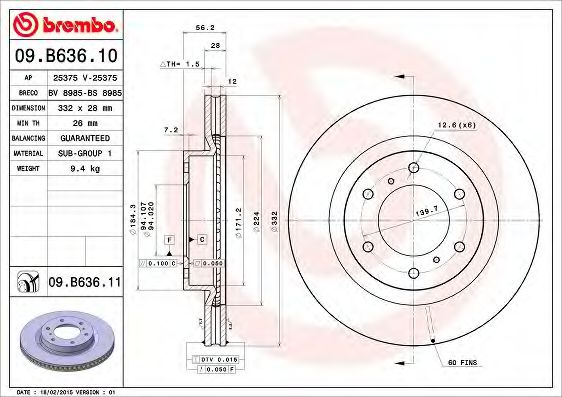 09B63611 BREMBO Диск торм. окраш. Fr MI Pajero IV 7-