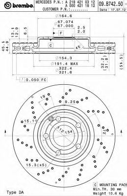 09B74251 BREMBO Диск тормозной передний