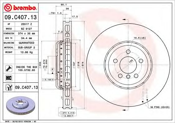 09C40713 BREMBO Диск тормозной BMW 5 (F7F1)7 (F1F2F3F4) 1- 3.4.4 перед.лев.вент.