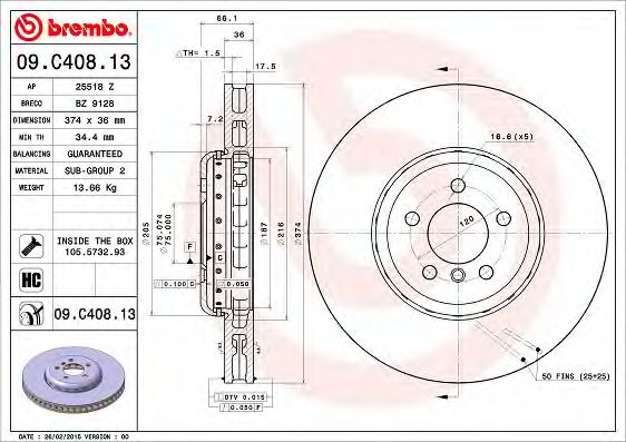 09C40813 BREMBO Диск тормозной BMW 5 (F7F1)7 (F1F2F3F4) 1- 3.4.4 перед.прав.вент.