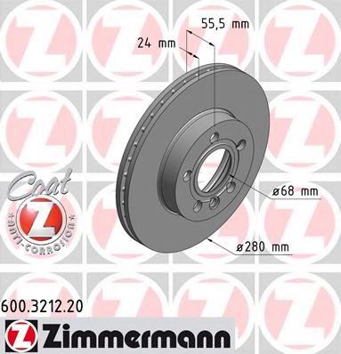 600321220 ZIMMERMANN диск торм vw t4 96-03 пер вент 15rad 280x24 coat z