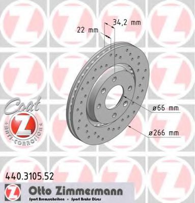 440310552 ZIMMERMANN Диск тормозной перед. PEUGEOT 206, 307/CITROEN С2, С3, С4 (4 отв.) SPORT