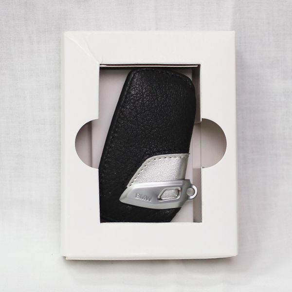 Брелок "BMW" натуральная кожа чёрный+серая вставка